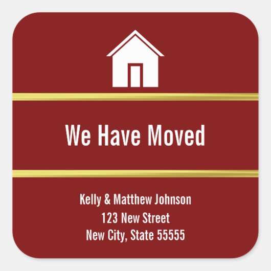 Deep Red White and Faux Gold Moving Announcement Vierkante Sticker (Voorkant)