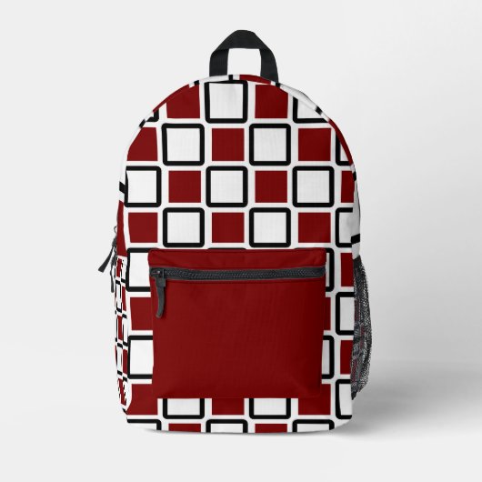 Deep Red & White Backpack – Bold Geometric Squares Bedrukte Rugzak (Voorkant)