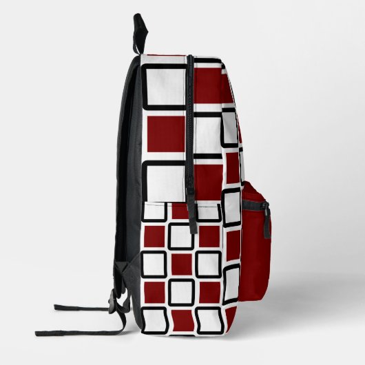 Deep Red & White Backpack – Bold Geometric Squares Bedrukte Rugzak (Links)