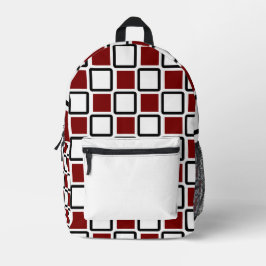 Deep Red & White Backpack – Bold Geometric Squares Bedrukte Rugzak
