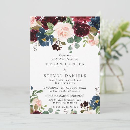 Deep Red Wine Burgundy Blush Navy Weddenschap Kaart (Staand voorkant)