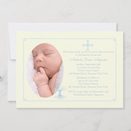 Deep Rooted Blue Baptism Photo Invitation Kaart (Voorkant)