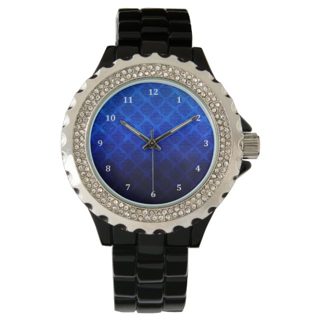 Deep Royal Blue  Damask Grunge Textuur Horloge (Voorkant)
