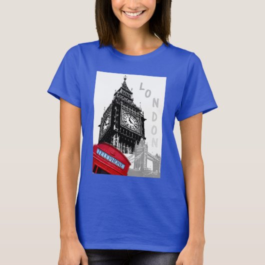 Deep Royal Blue London Red Telephone Box Big Ben T-shirt (Voorkant)