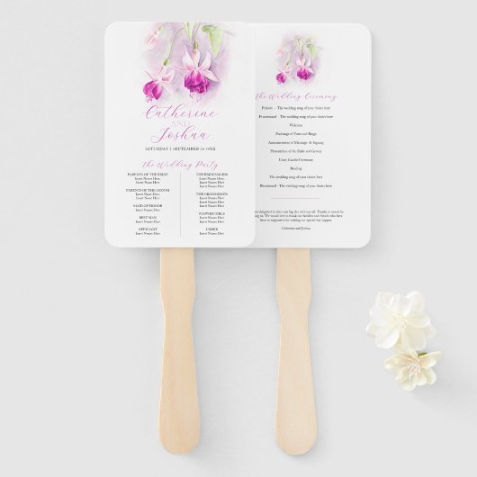 Deep roze waterverf fuchsia bruiloft programma handwaaier (Voorkant en achterkant)