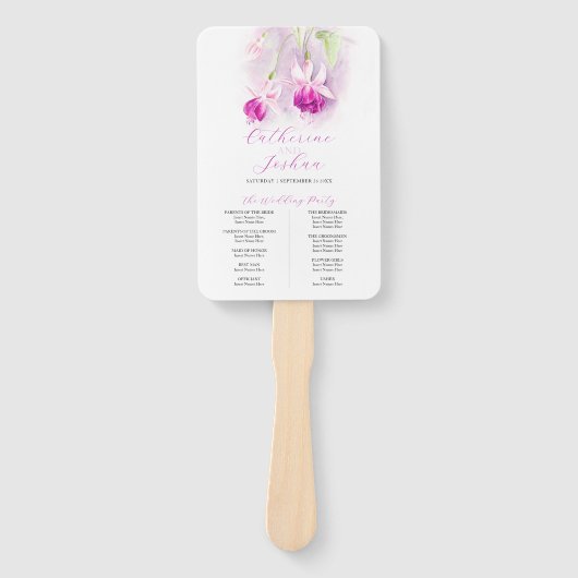 Deep roze waterverf fuchsia bruiloft programma handwaaier (Voorkant)