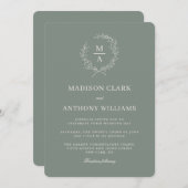 Deep Sage Eenvoudige Elegante Monogram Crest Bruil Kaart (Voorkant / Achterkant)
