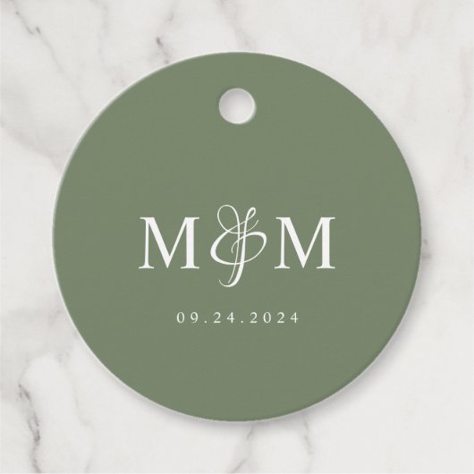 Deep Sage Green Monogram Ampersand Script Wedding Bedankjes Labels (Voorkant)
