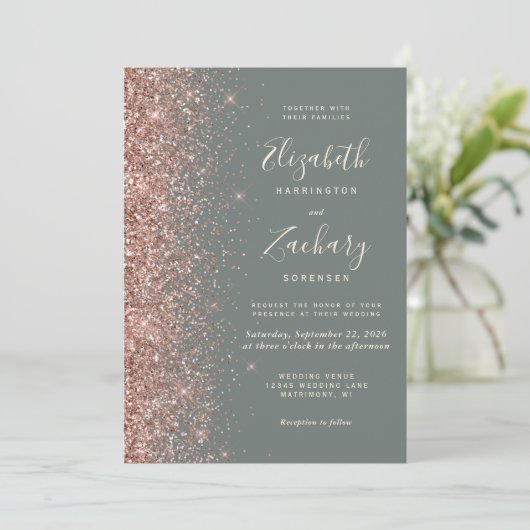 Deep Sage Green Rose Gold Glitter Wedding Kaart (Staand voorkant)