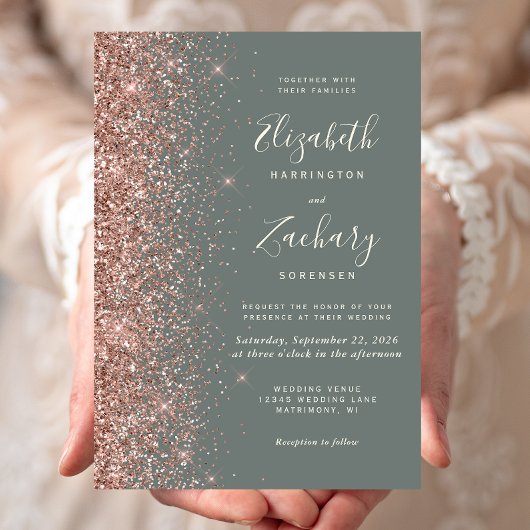Deep Sage Green Rose Gold Glitter Wedding Kaart
