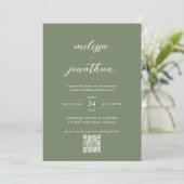 Deep Sage Groen Script Foto QR Code Bruiloft Kaart (Staand voorkant)