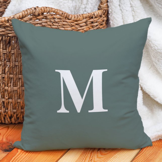 Deep Sage Groen Wit Monogram Kussen (Deep sage green white monogram decorator pillow)