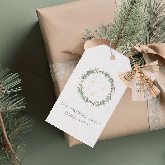 Deep Sage Wreath Gold Stars Christmas Family Name Cadeaulabel