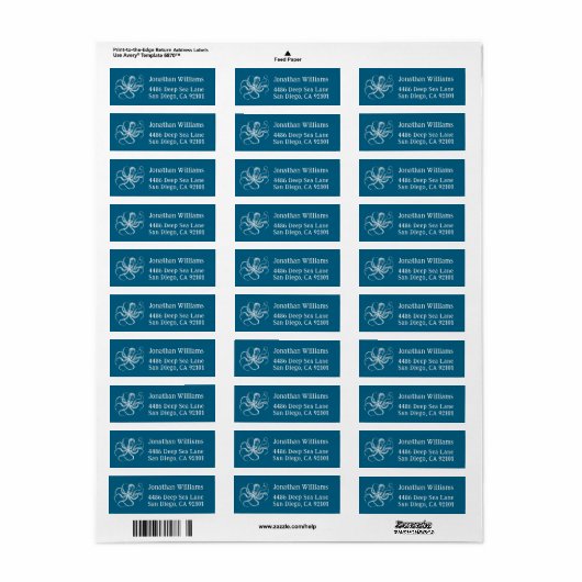 Deep Sea Blue Octopus Return Address Labels (Full Sheet)