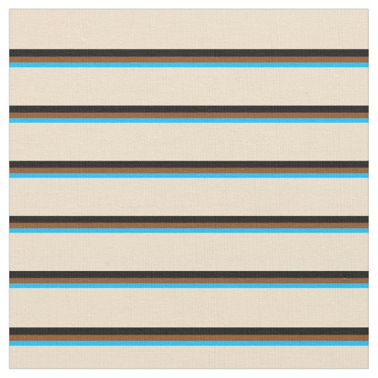 Deep Sky Blue, Brown, Black & Tan Lines Pattern Stof (Close Up)