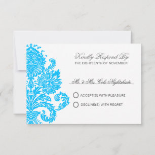 Deep Sky Blue Elegant Damask Wedding  RSVP Kaartje