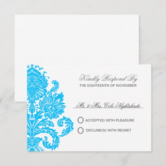 Deep Sky Blue Elegant Damask Wedding RSVP Kaartje (Voorkant / Achterkant)