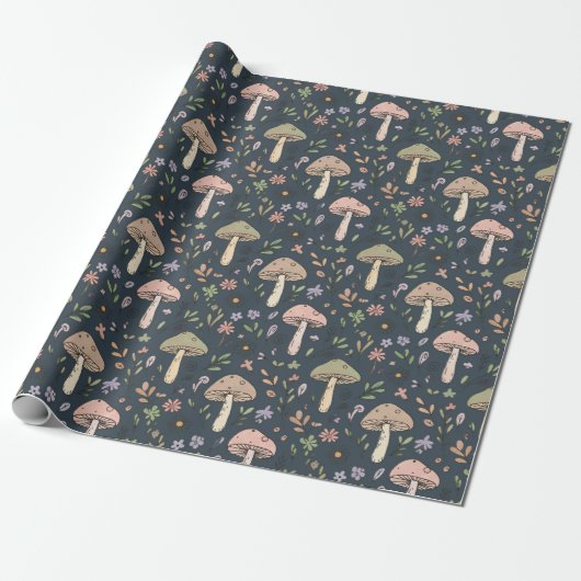 Deep Slate Blue Moody Mushroom Seamless Pattern Cadeaupapier (Uitgerold)