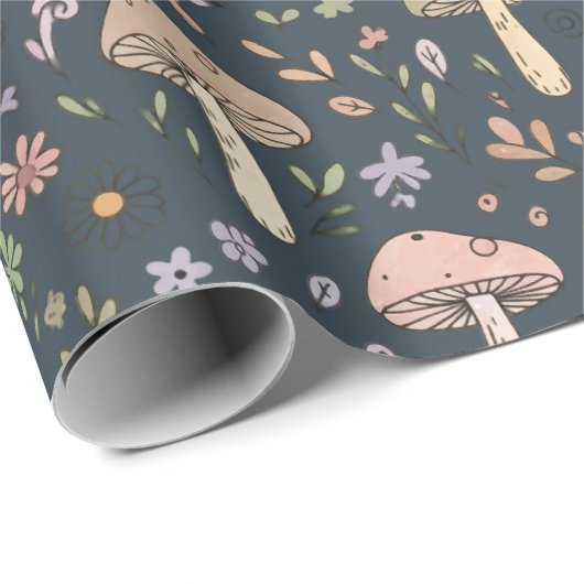 Deep Slate Blue Moody Mushroom Seamless Pattern Cadeaupapier (Rol Hoek)