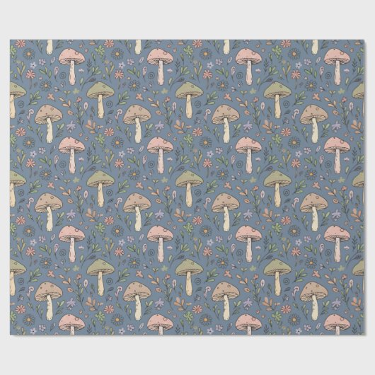 Deep Slate Gray Moody Fungi Seamless Pattern Cadeaupapier (Vlak)