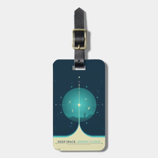 Deep Space Atomic Clock Poster, blauwe versie. Bagagelabel (Voorkant verticaal)