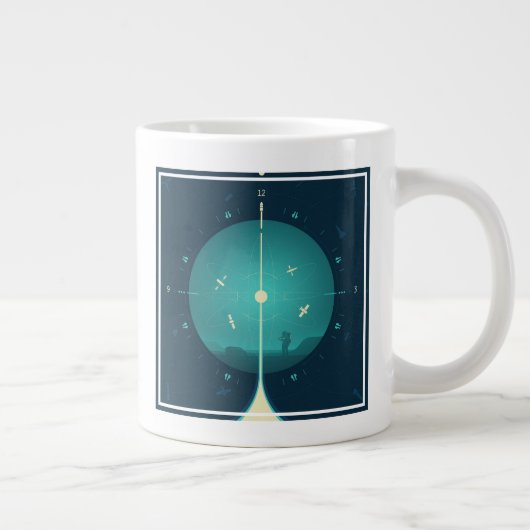 Deep Space Atomic Clock Poster, blauwe versie. Grote Koffiekop (Rechts)