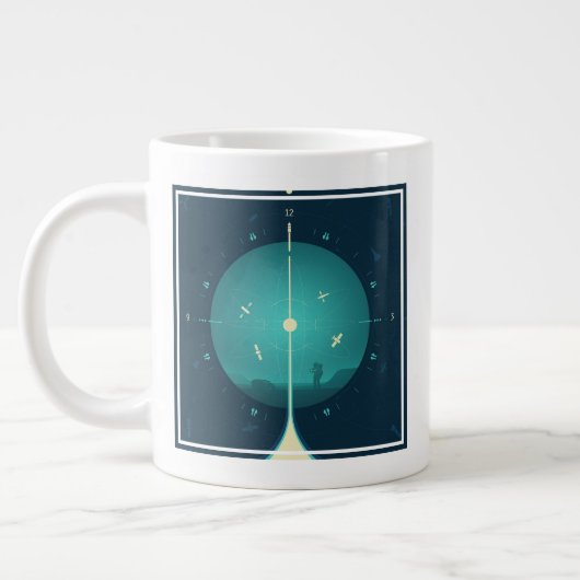 Deep Space Atomic Clock Poster, blauwe versie. Grote Koffiekop (Links)