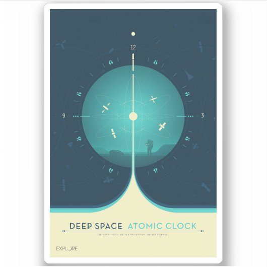 Deep Space Atomic Clock Poster, blauwe versie. Sticker (Voorkant)