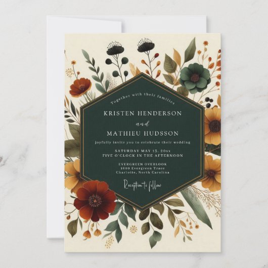 Deep Teal Autumn Floral Romance Wedding Kaart (Voorkant)