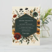 Deep Teal Autumn Floral Romance Wedding Kaart (Staand voorkant)