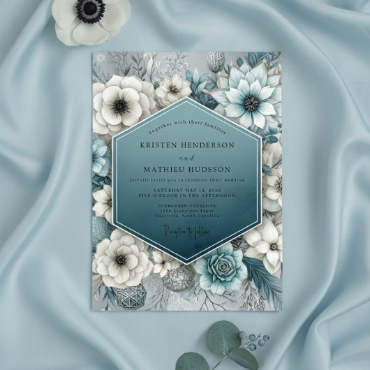 Deep Teal Bloom Romance Wedding Kaart