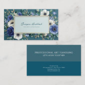 Deep Teal Blue Floral Gold Frame Watercolor Visitekaartje (Voorkant / Achterkant)