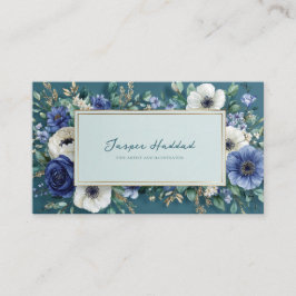 Deep Teal Blue Floral Gold Frame Watercolor Visitekaartje