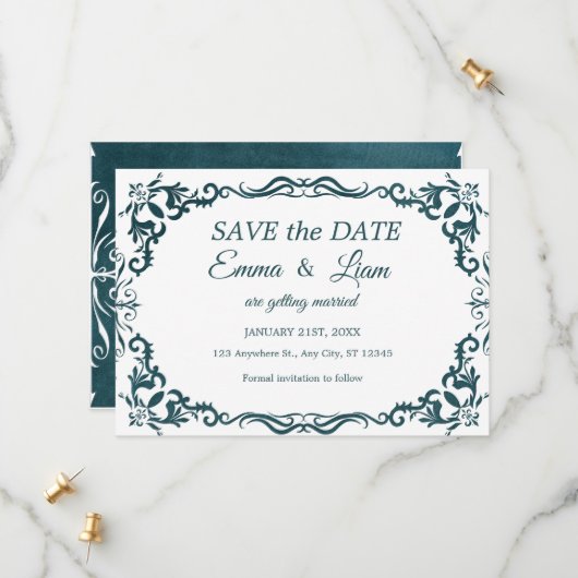 Deep Teal Blue Talavera Mexican Wedding Save The Date (Voorkant / Achterkant in situ)