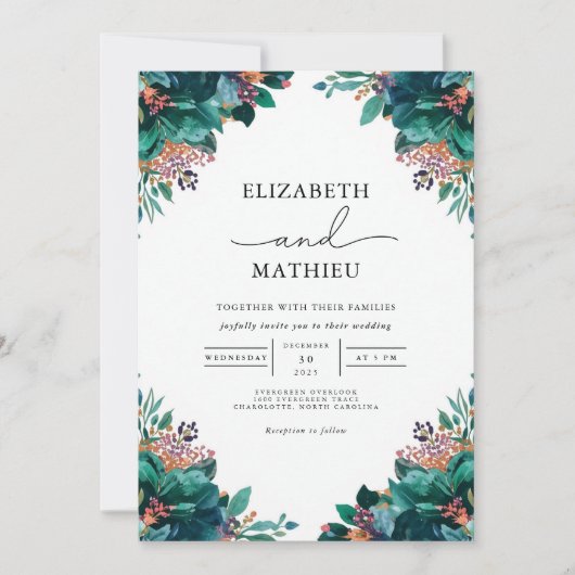 Deep Teal Botanical Flourish Wedding Kaart (Voorkant)