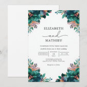Deep Teal Botanical Flourish Wedding Kaart (Voorkant / Achterkant)