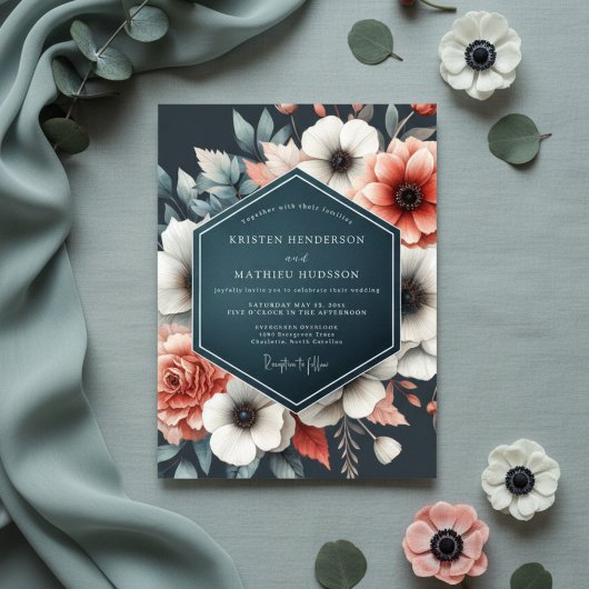Deep Teal Floral Bloom Wedding Kaart