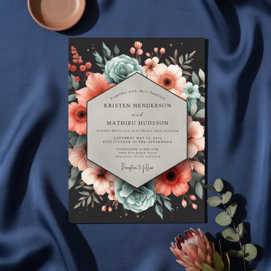 Deep Teal Floral Elegance Wedding Kaart