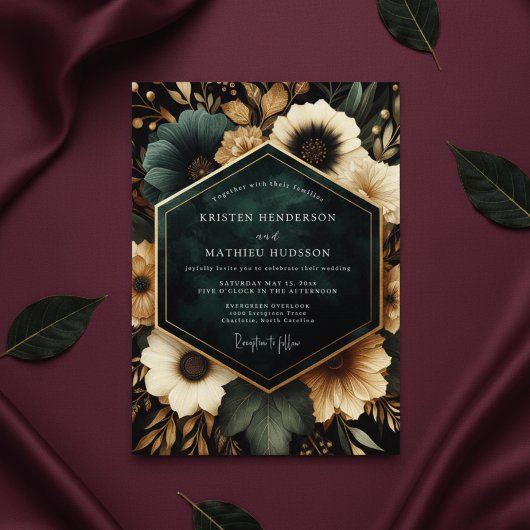 Deep Teal Floral Opulent Wedding Kaart