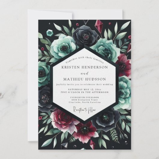 Deep Teal Floral Romance Wedding Kaart (Voorkant)