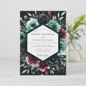 Deep Teal Floral Romance Wedding Kaart (Staand voorkant)