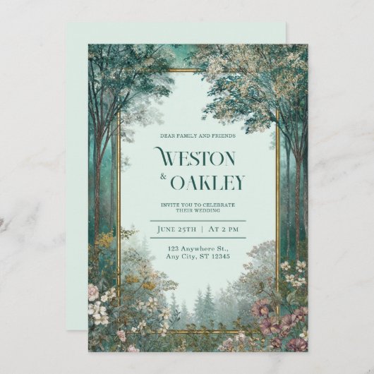 Deep Teal Forest Gold Frame Romantic Floral Kaart (Voorkant / Achterkant)