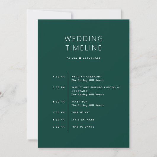 Deep Teal Green Timeline. Forest Wedding Itinerary Kaart (Achterkant)