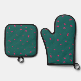 Deep Teal Japanese Deep Pink Cosmos Floral Pattern Ovenwant & Pannenlap Set