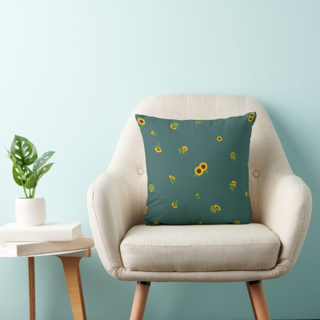Deep Teal Japanese Sunflower Floral Pattern Kussen (Stoel)