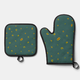 Deep Teal Japanese Sunflower Floral Pattern Ovenwant & Pannenlap Set