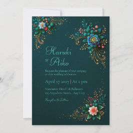 Deep Teal Jewel Floral Wedding Kaart