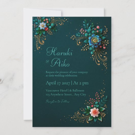 Deep Teal Jewel Floral Wedding Kaart (Voorkant)