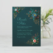 Deep Teal Jewel Floral Wedding Kaart (Staand voorkant)