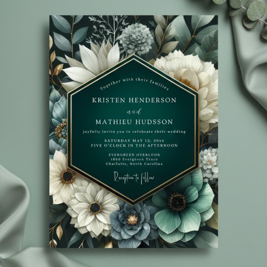 Deep Teal Lush Bloom Wedding Kaart